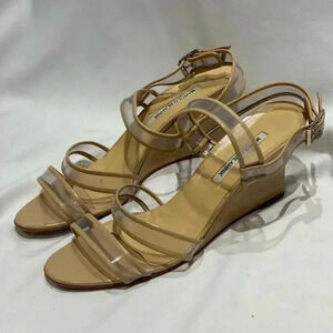 Manolo Blahnik Nude & Clear Patent Leather Wedge Sandals, size 42